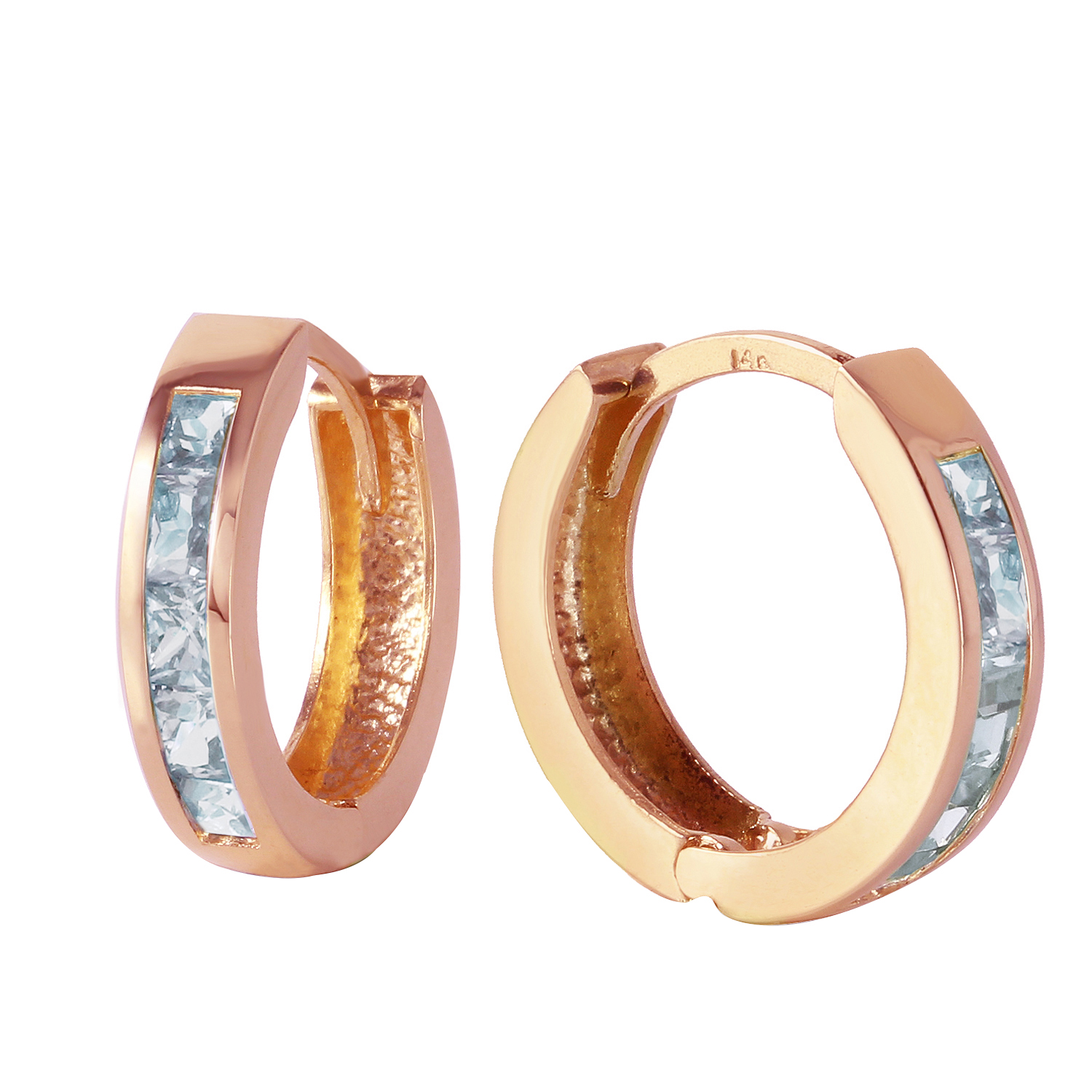 14k Solid Gold Hoop Huggie Earring With Aquamarines Rose Gold 1058$